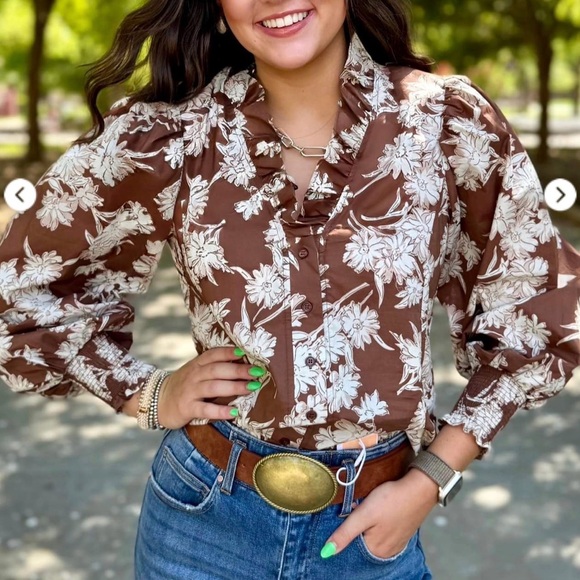 entro Tops - Entro Chocolate Floral Ruffle Blouse